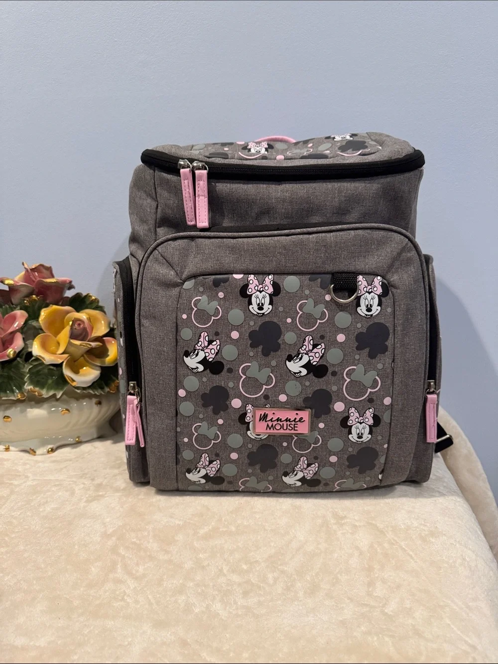 Disney Baby Minnie Mouse Jartop Diaper Backpack in gray and pink, NWOT